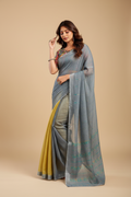 Snuggle Spot Women's Faux Linen Geometric Ready to wear Saree With Unstitched Blouse 5.5Mtr (Grey)