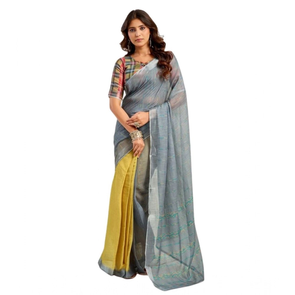 Snuggle Spot Women's Faux Linen Geometric Ready to wear Saree With Unstitched Blouse 5.5Mtr (Grey)