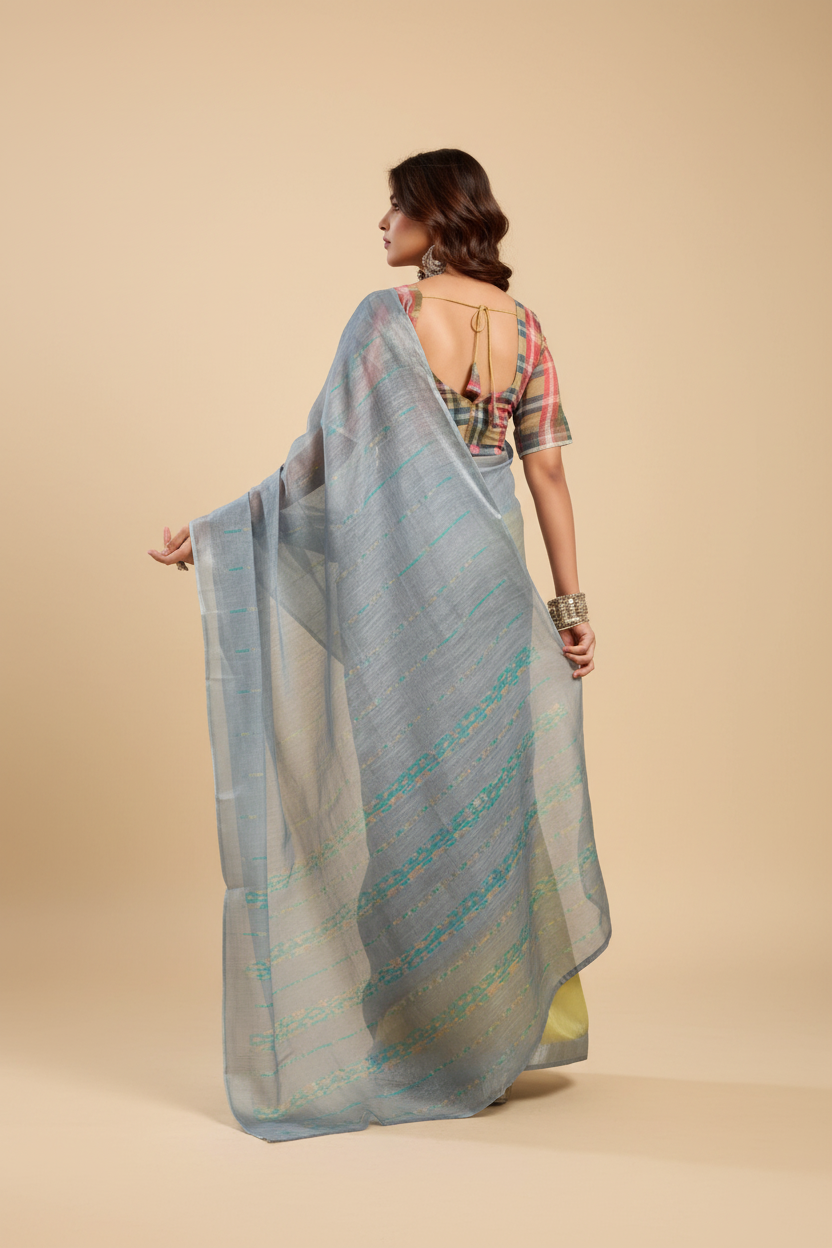 Snuggle Spot Women's Faux Linen Geometric Ready to wear Saree With Unstitched Blouse 5.5Mtr (Grey)