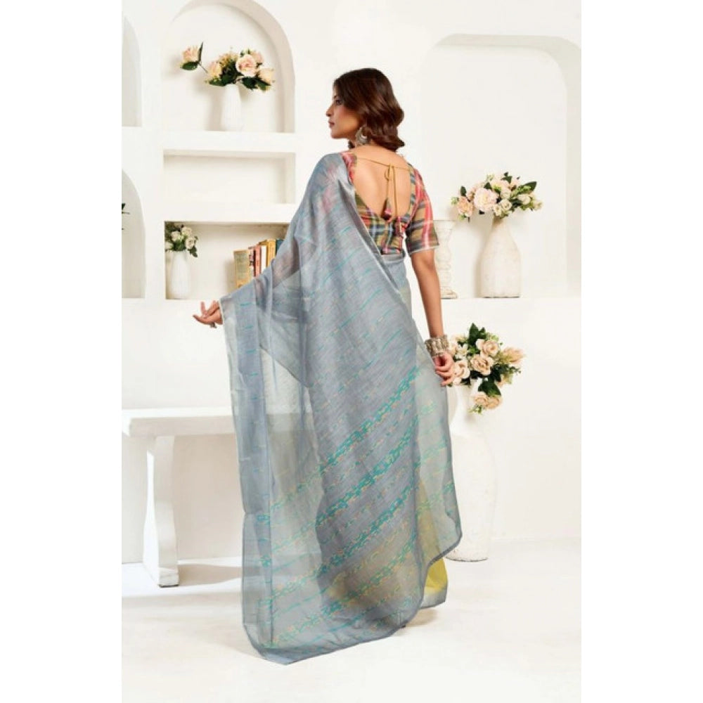 Snuggle Spot Women's Faux Linen Geometric Ready to wear Saree With Unstitched Blouse 5.5Mtr (Grey)