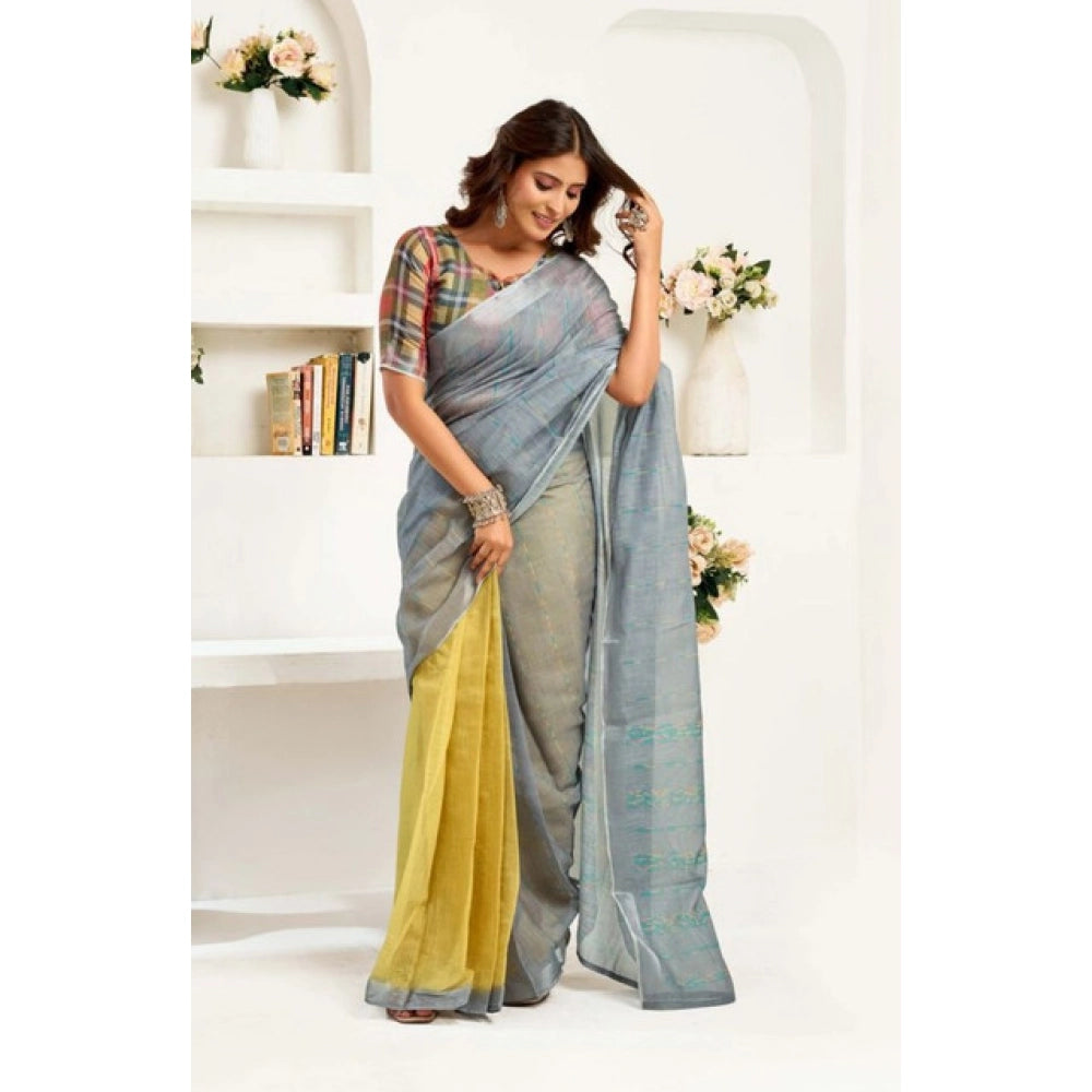 Snuggle Spot Women's Faux Linen Geometric Ready to wear Saree With Unstitched Blouse 5.5Mtr (Grey)