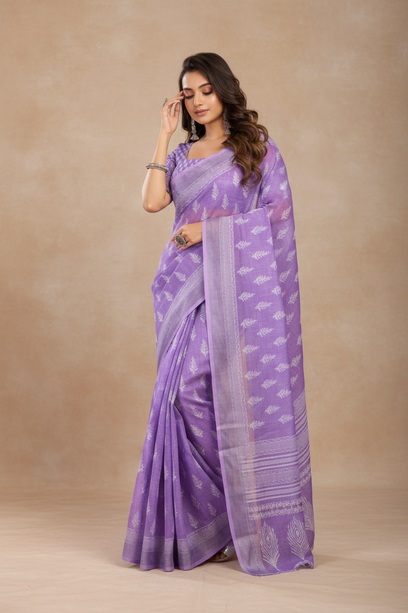 Snuggle Spot Women's Faux Linen Floral Ready to wear Saree With Unstitched Blouse 5.5Mtr (Lavender)