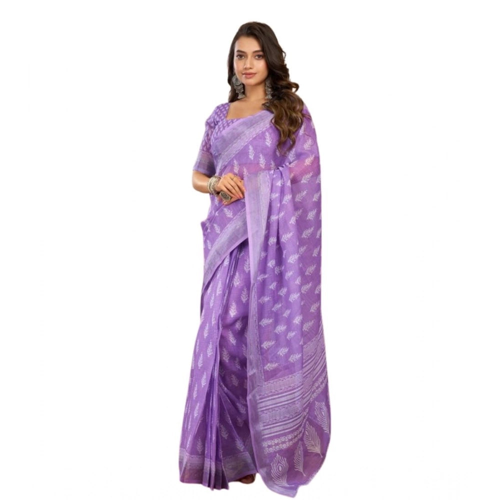 Snuggle Spot Women's Faux Linen Floral Ready to wear Saree With Unstitched Blouse 5.5Mtr (Lavender)