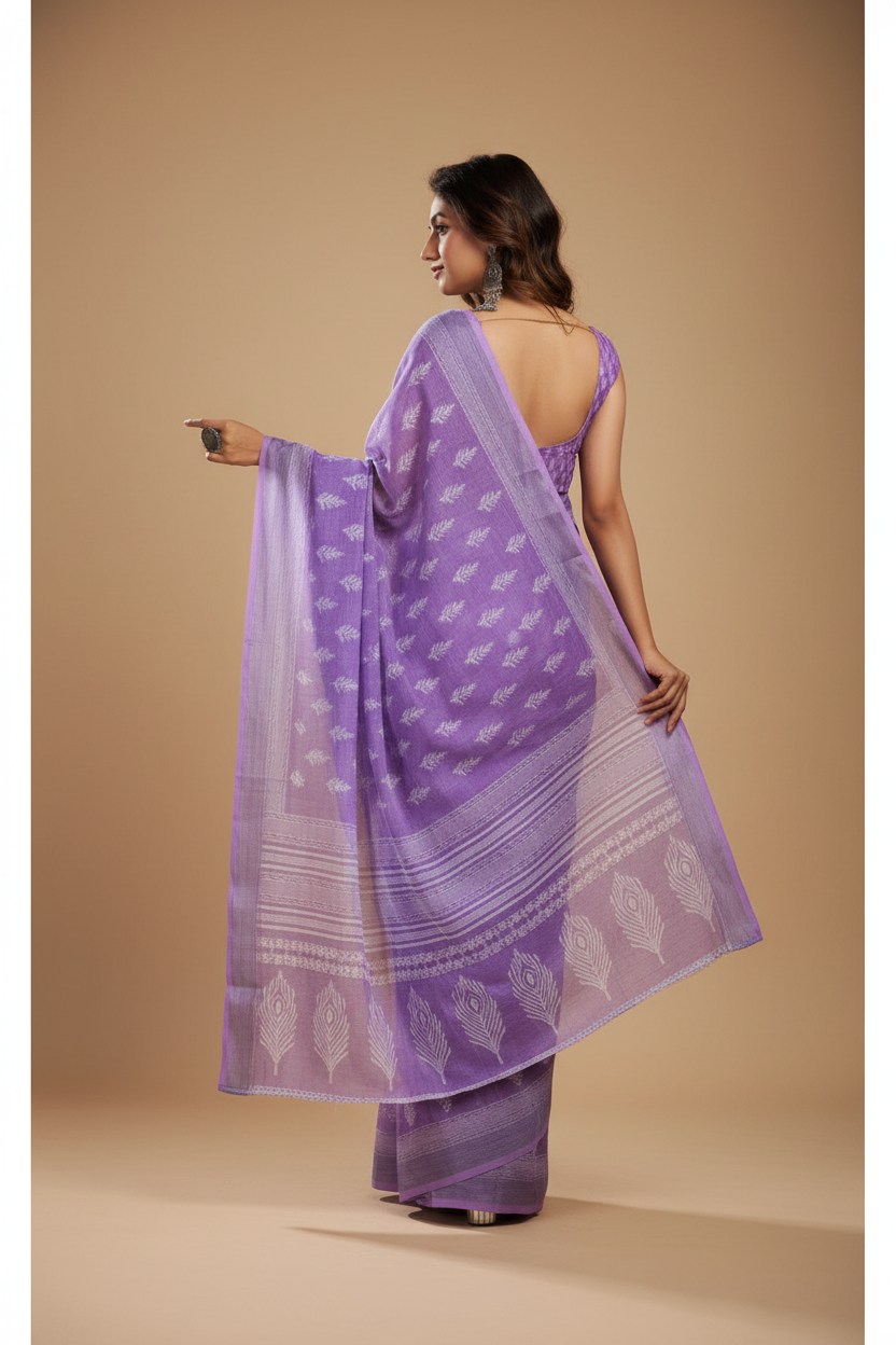 Snuggle Spot Women's Faux Linen Floral Ready to wear Saree With Unstitched Blouse 5.5Mtr (Lavender)