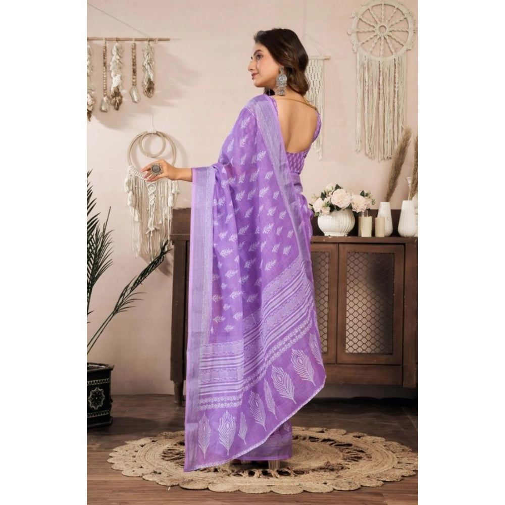 Snuggle Spot Women's Faux Linen Floral Ready to wear Saree With Unstitched Blouse 5.5Mtr (Lavender)