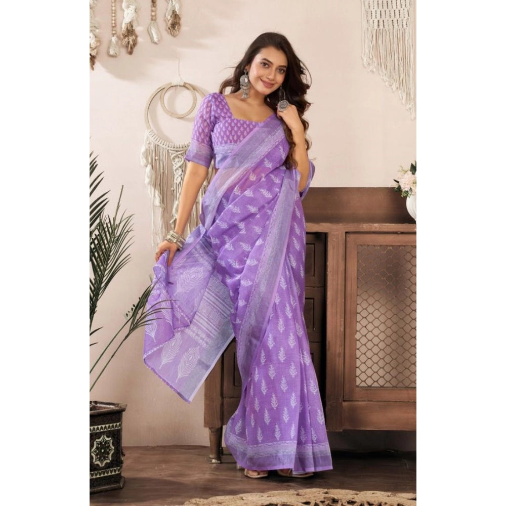 Snuggle Spot Women's Faux Linen Floral Ready to wear Saree With Unstitched Blouse 5.5Mtr (Lavender)