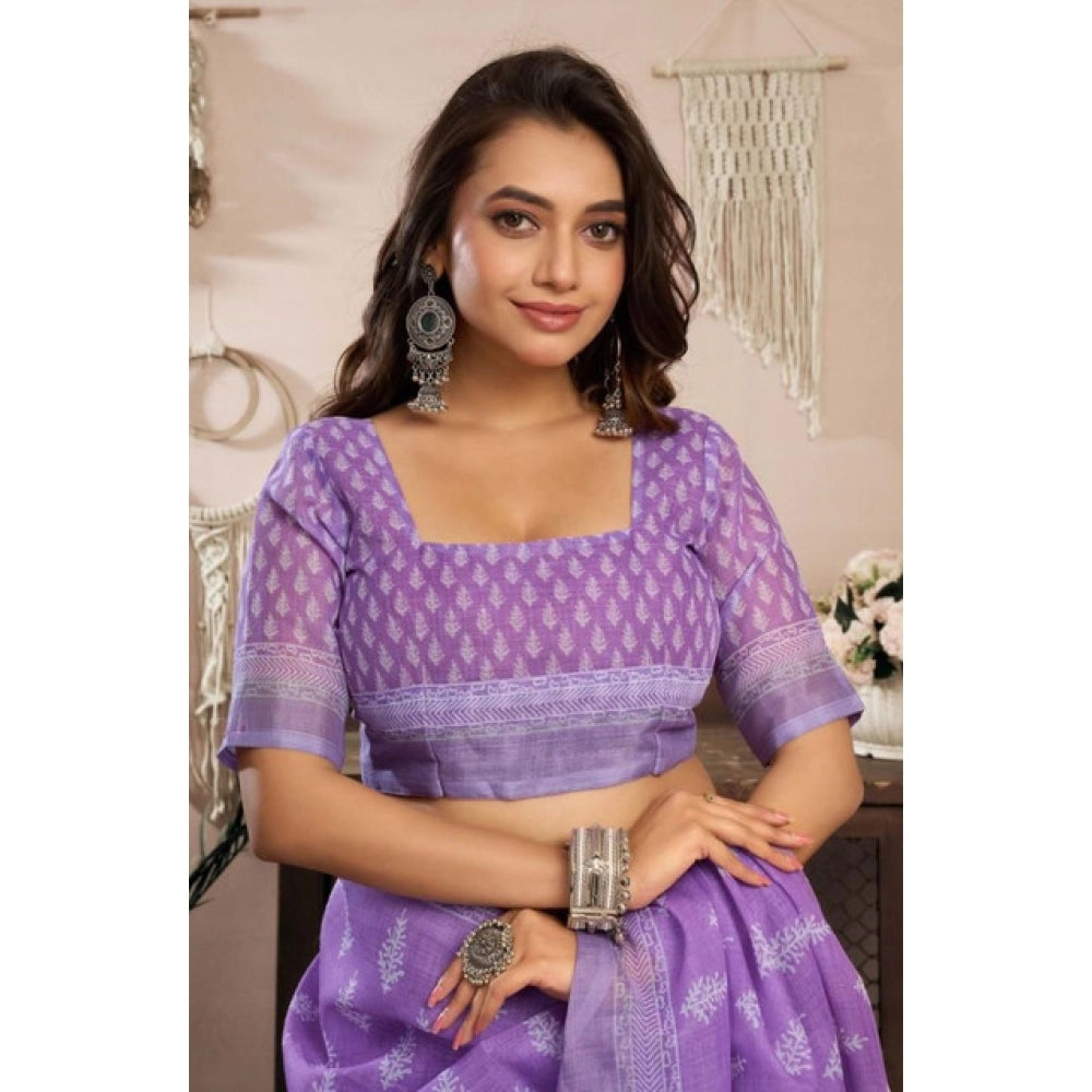 Snuggle Spot Women's Faux Linen Floral Ready to wear Saree With Unstitched Blouse 5.5Mtr (Lavender)