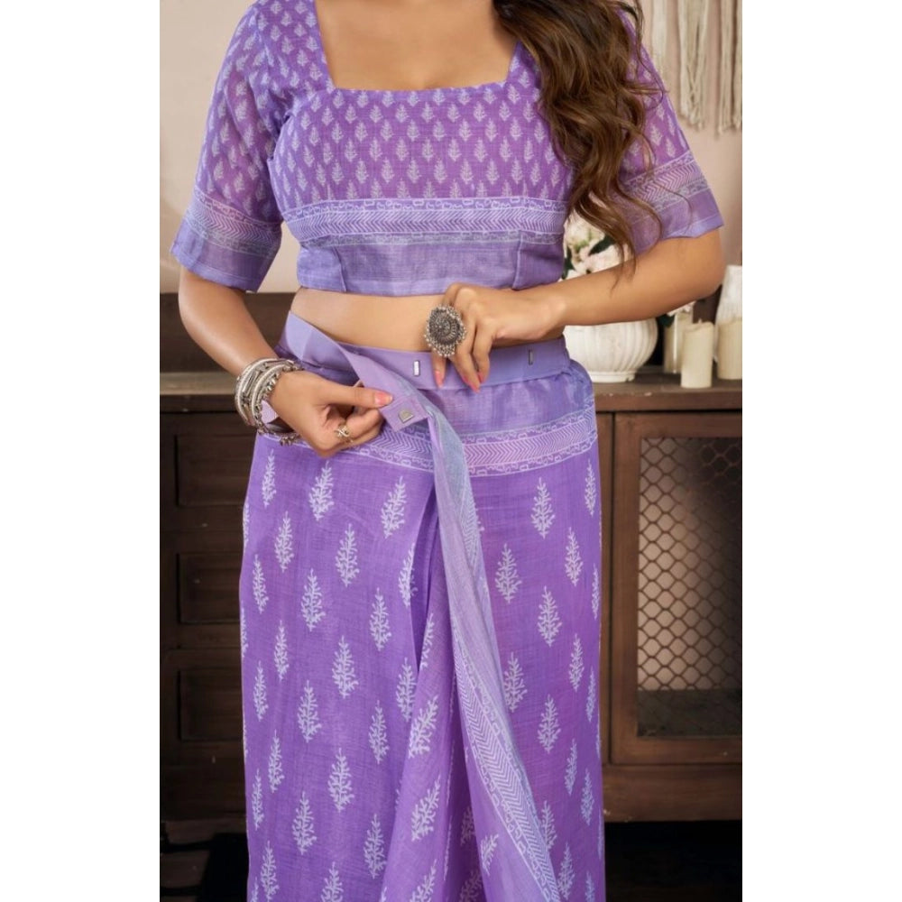 Snuggle Spot Women's Faux Linen Floral Ready to wear Saree With Unstitched Blouse 5.5Mtr (Lavender)