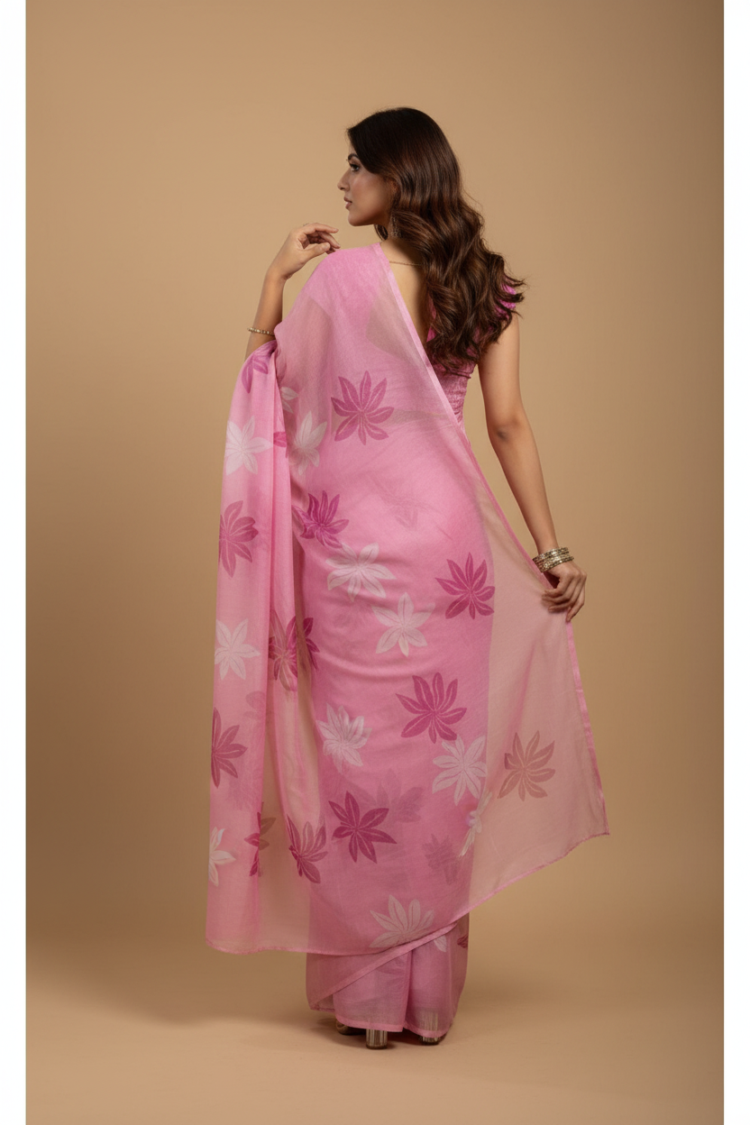 Snuggle Spot Women's Faux Linen Floral Ready to wear Saree With Unstitched Blouse 5.5Mtr (Light_Pink)
