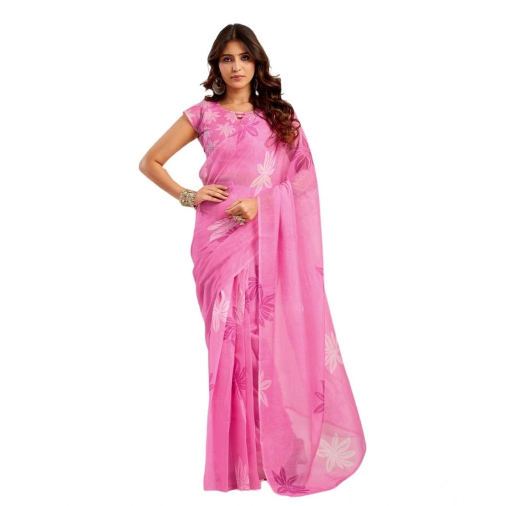 Snuggle Spot Women's Faux Linen Floral Ready to wear Saree With Unstitched Blouse 5.5Mtr (Light_Pink)