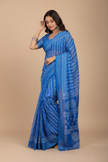 Snuggle Spot Women's Faux Linen Geometric Print Ready to wear Saree With Unstitched Blouse 5.5Mtr (Blue)