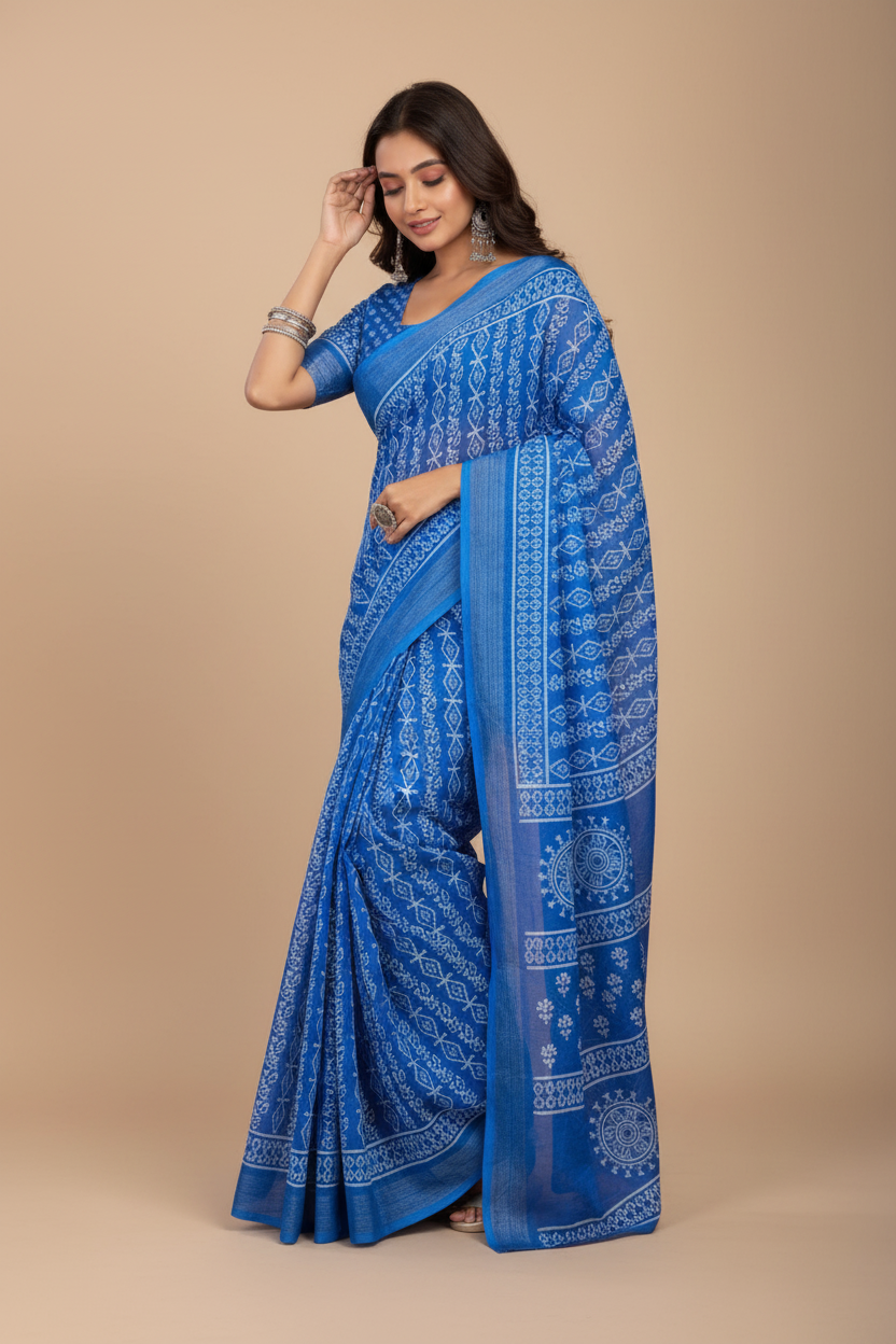 Snuggle Spot Women's Faux Linen Geometric Print Ready to wear Saree With Unstitched Blouse 5.5Mtr (Blue)