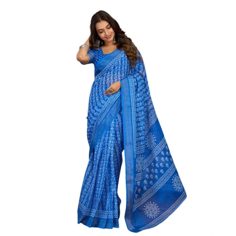 Snuggle Spot Women's Faux Linen Geometric Print Ready to wear Saree With Unstitched Blouse 5.5Mtr (Blue)
