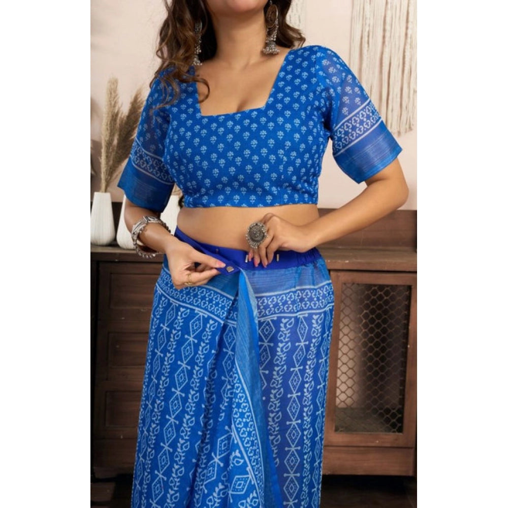 Snuggle Spot Women's Faux Linen Geometric Print Ready to wear Saree With Unstitched Blouse 5.5Mtr (Blue)