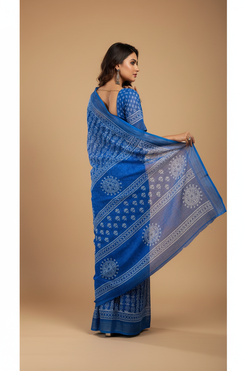 Snuggle Spot Women's Faux Linen Geometric Print Ready to wear Saree With Unstitched Blouse 5.5Mtr (Blue)