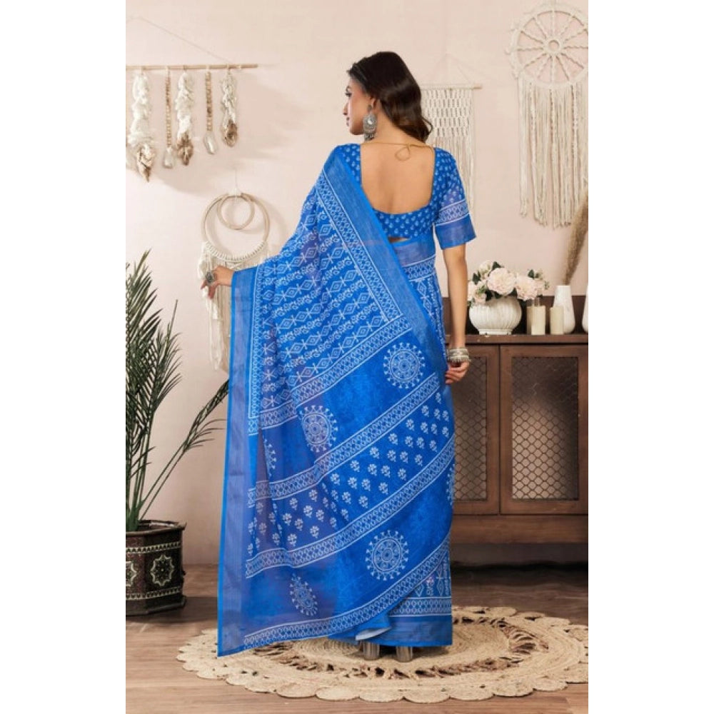Snuggle Spot Women's Faux Linen Geometric Print Ready to wear Saree With Unstitched Blouse 5.5Mtr (Blue)