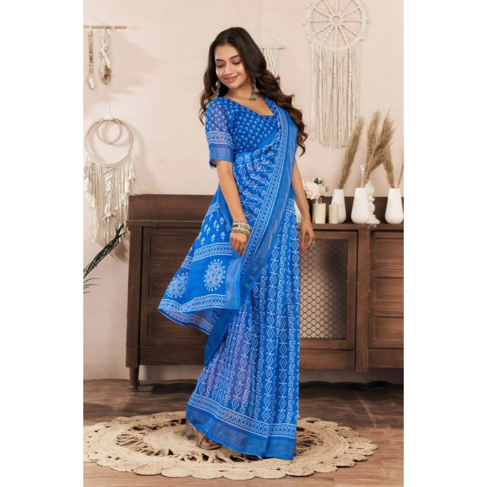 Snuggle Spot Women's Faux Linen Geometric Print Ready to wear Saree With Unstitched Blouse 5.5Mtr (Blue)
