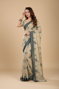 Snuggle Spot Women's Faux Linen Floral Print Ready to wear Saree With Unstitched Blouse 5.5Mtr (LightBeige)