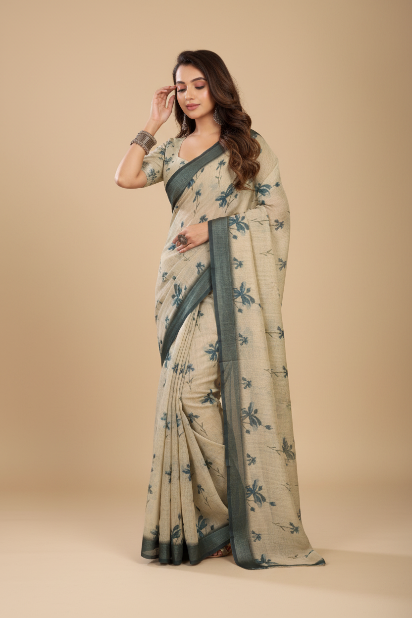 Snuggle Spot Women's Faux Linen Floral Print Ready to wear Saree With Unstitched Blouse 5.5Mtr (LightBeige)