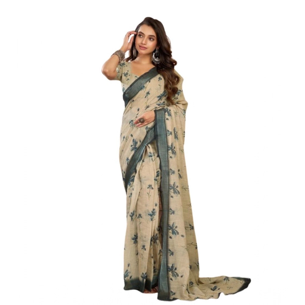 Snuggle Spot Women's Faux Linen Floral Print Ready to wear Saree With Unstitched Blouse 5.5Mtr (LightBeige)