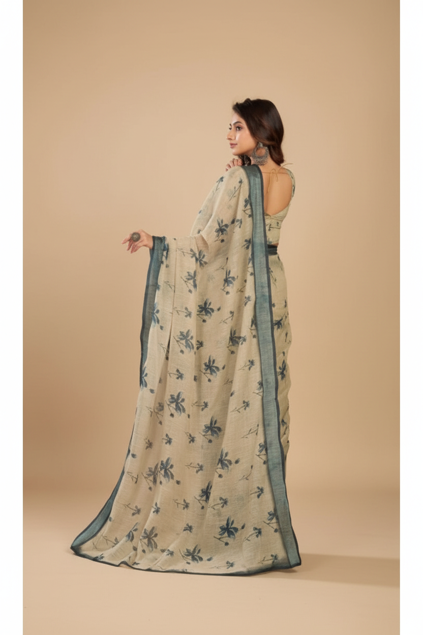 Snuggle Spot Women's Faux Linen Floral Print Ready to wear Saree With Unstitched Blouse 5.5Mtr (LightBeige)