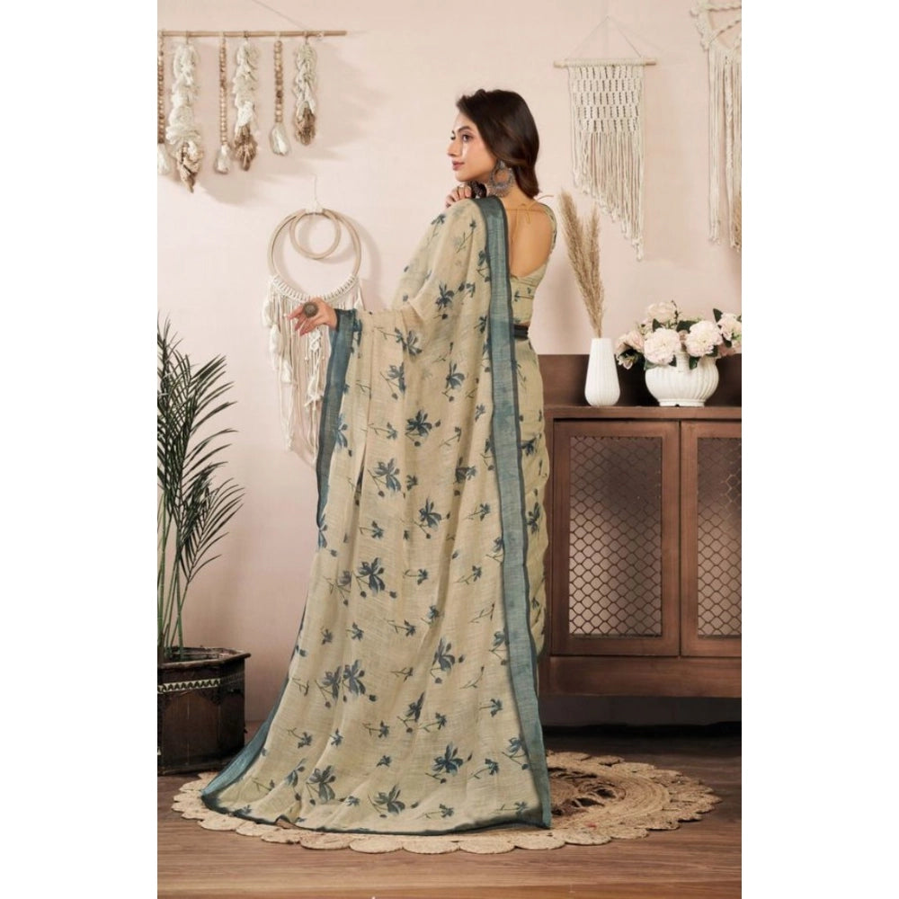 Snuggle Spot Women's Faux Linen Floral Print Ready to wear Saree With Unstitched Blouse 5.5Mtr (LightBeige)