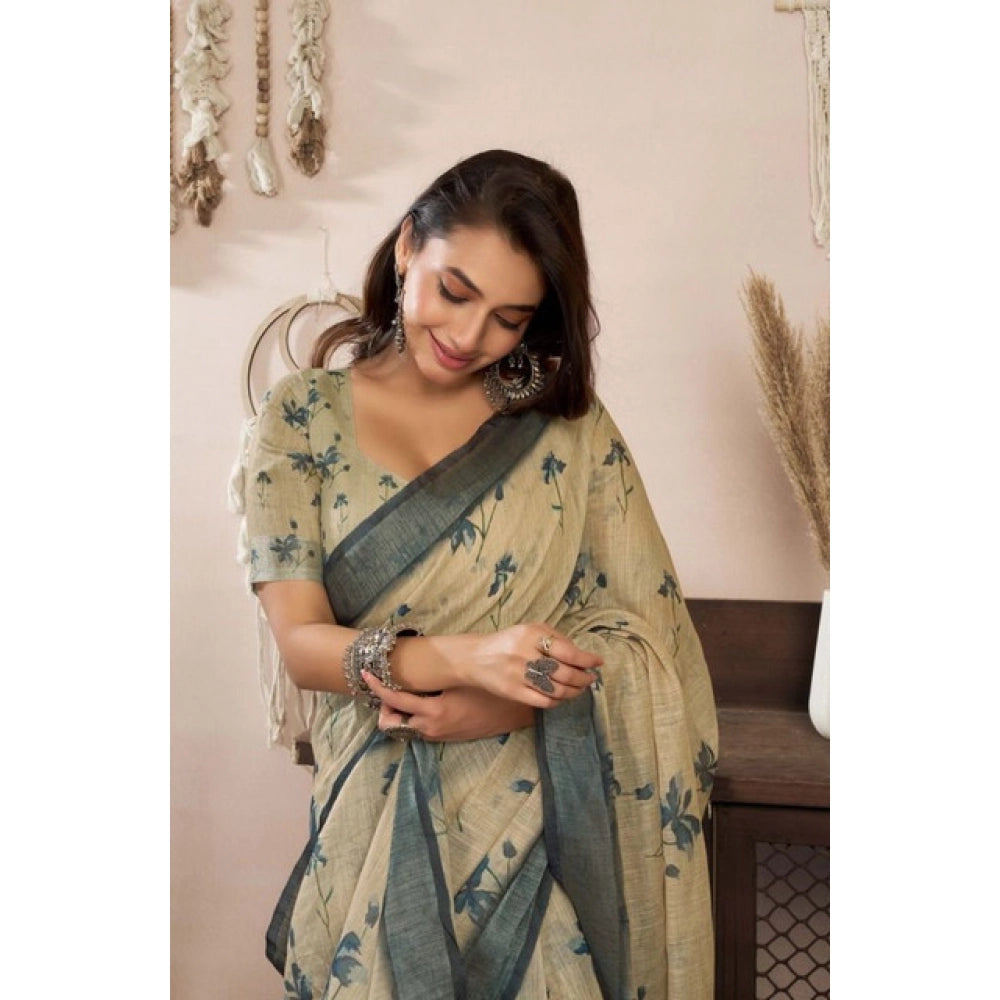 Snuggle Spot Women's Faux Linen Floral Print Ready to wear Saree With Unstitched Blouse 5.5Mtr (LightBeige)