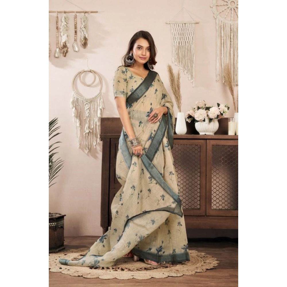 Snuggle Spot Women's Faux Linen Floral Print Ready to wear Saree With Unstitched Blouse 5.5Mtr (LightBeige)
