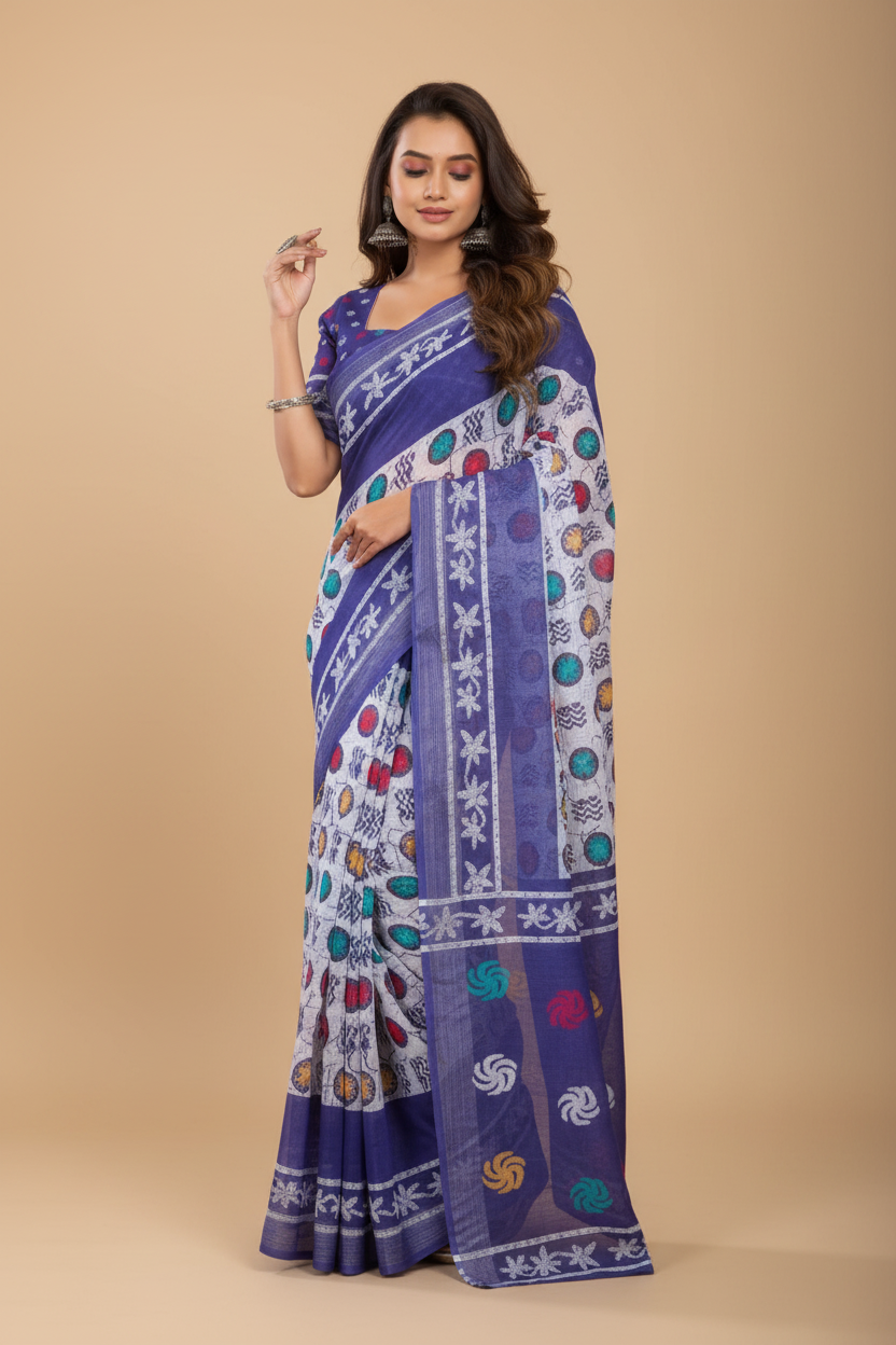 Snuggle Spot Women's Faux Linen Geometric Print Ready to wear Saree With Unstitched Blouse 5.5Mtr (Blue)