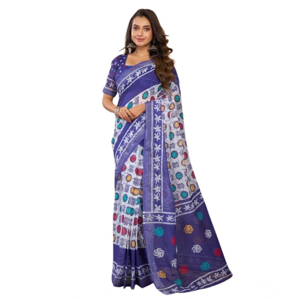 Snuggle Spot Women's Faux Linen Geometric Print Ready to wear Saree With Unstitched Blouse 5.5Mtr (Blue)