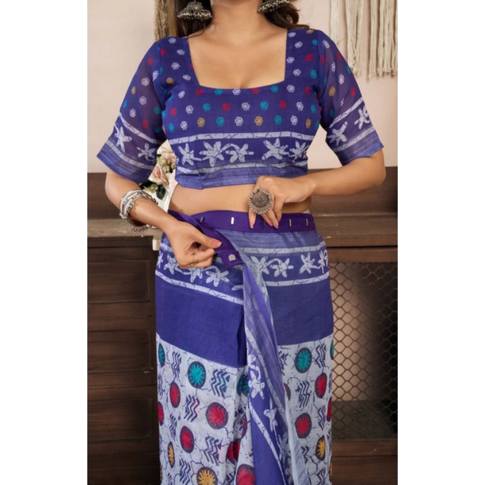 Snuggle Spot Women's Faux Linen Geometric Print Ready to wear Saree With Unstitched Blouse 5.5Mtr (Blue)