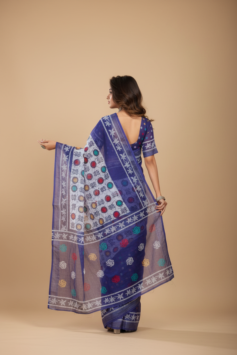 Snuggle Spot Women's Faux Linen Geometric Print Ready to wear Saree With Unstitched Blouse 5.5Mtr (Blue)
