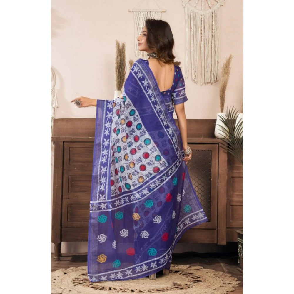 Snuggle Spot Women's Faux Linen Geometric Print Ready to wear Saree With Unstitched Blouse 5.5Mtr (Blue)