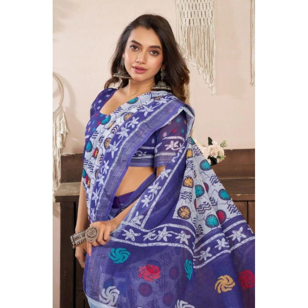 Snuggle Spot Women's Faux Linen Geometric Print Ready to wear Saree With Unstitched Blouse 5.5Mtr (Blue)