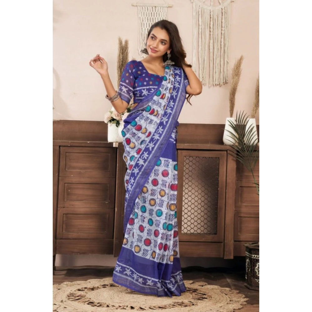 Snuggle Spot Women's Faux Linen Geometric Print Ready to wear Saree With Unstitched Blouse 5.5Mtr (Blue)
