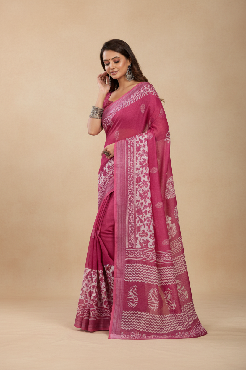 Snuggle Spot Women's Faux Linen Floral Print Ready to wear Saree With Unstitched Blouse 5.5Mtr (Pink)