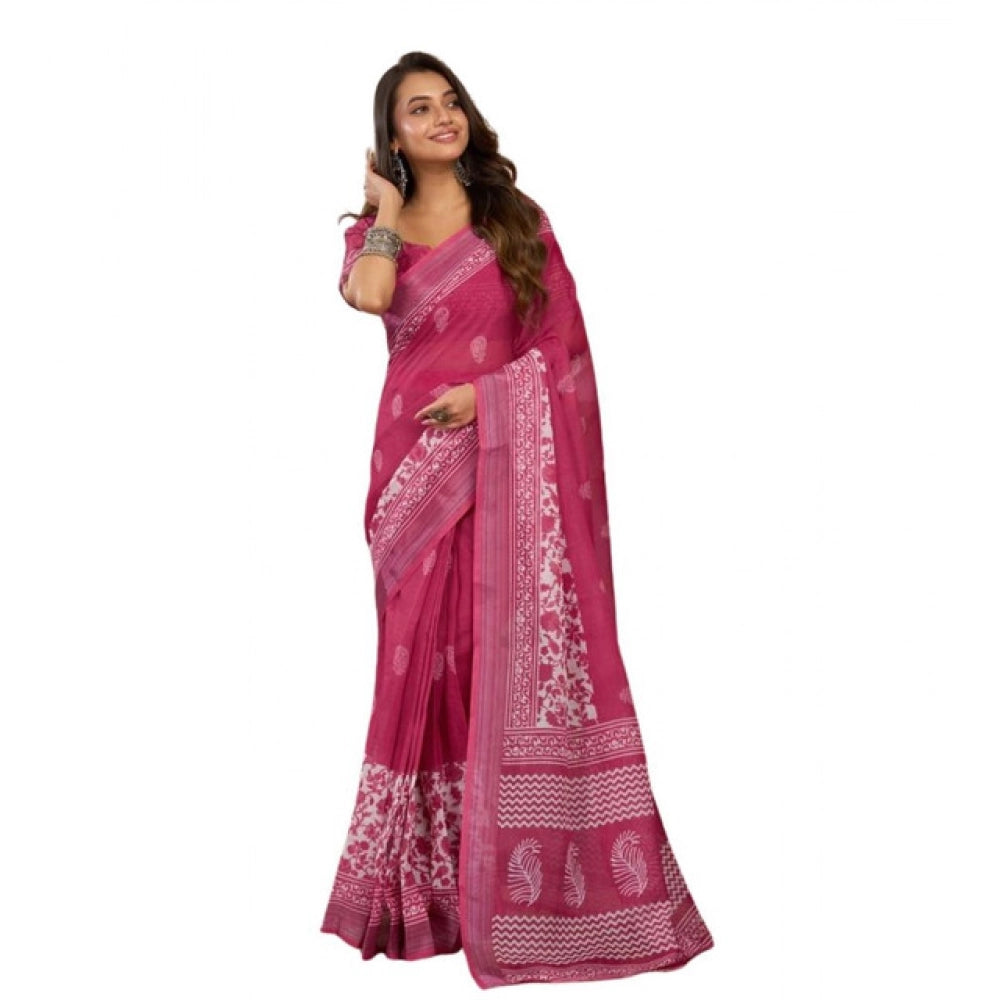 Snuggle Spot Women's Faux Linen Floral Print Ready to wear Saree With Unstitched Blouse 5.5Mtr (Pink)