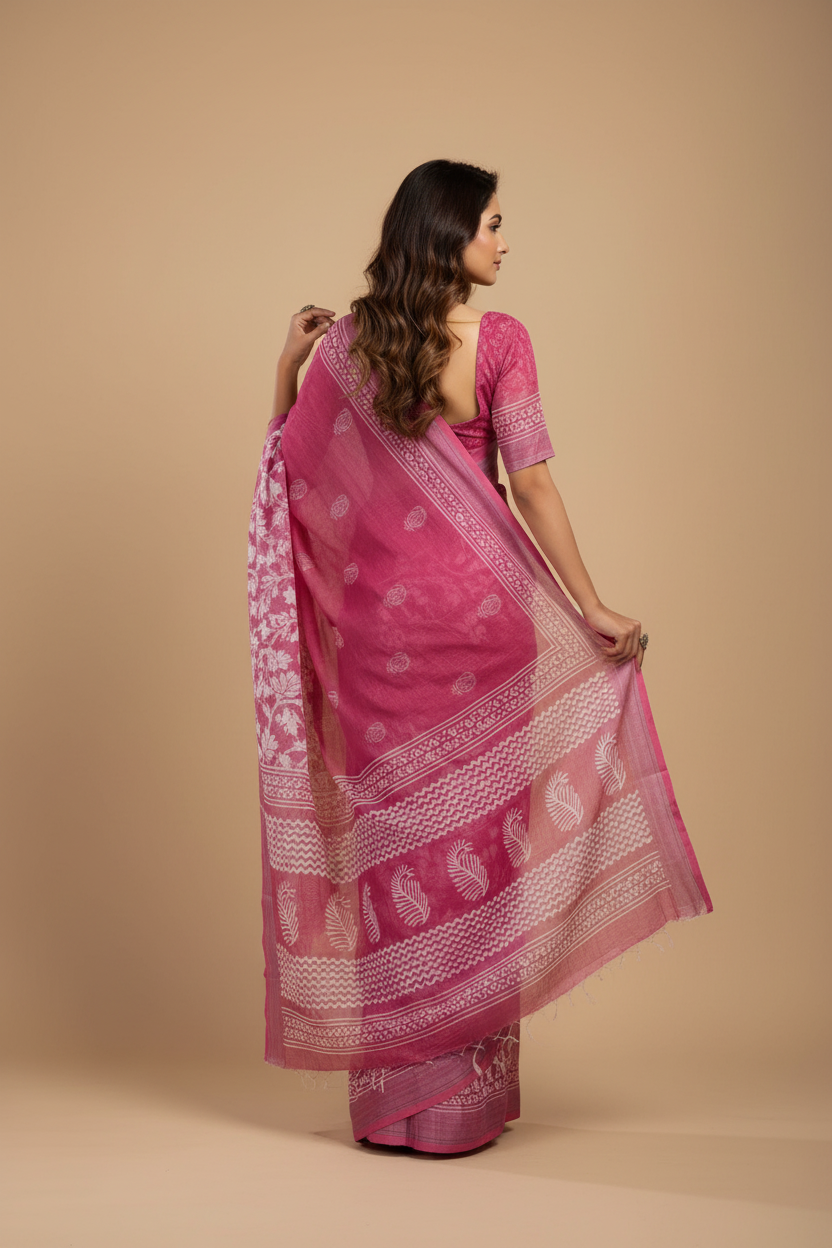 Snuggle Spot Women's Faux Linen Floral Print Ready to wear Saree With Unstitched Blouse 5.5Mtr (Pink)