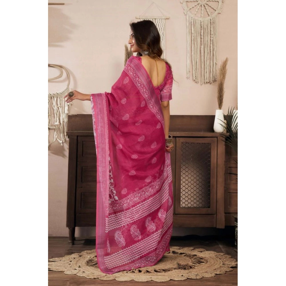 Snuggle Spot Women's Faux Linen Floral Print Ready to wear Saree With Unstitched Blouse 5.5Mtr (Pink)