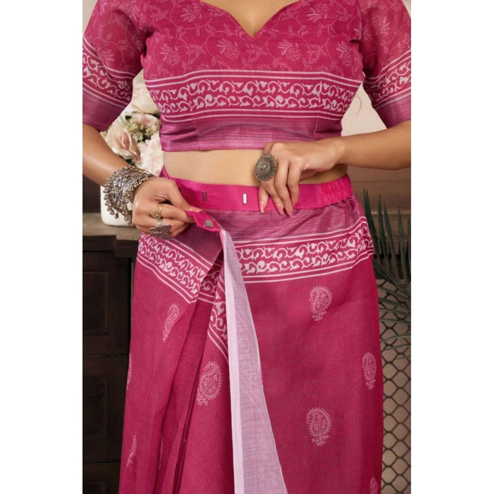 Snuggle Spot Women's Faux Linen Floral Print Ready to wear Saree With Unstitched Blouse 5.5Mtr (Pink)