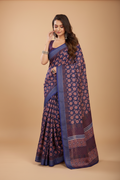 Snuggle Spot Women's Faux Linen Floral Print Ready to wear Saree With Unstitched Blouse 5.5Mtr (Dark_NavyBlue)