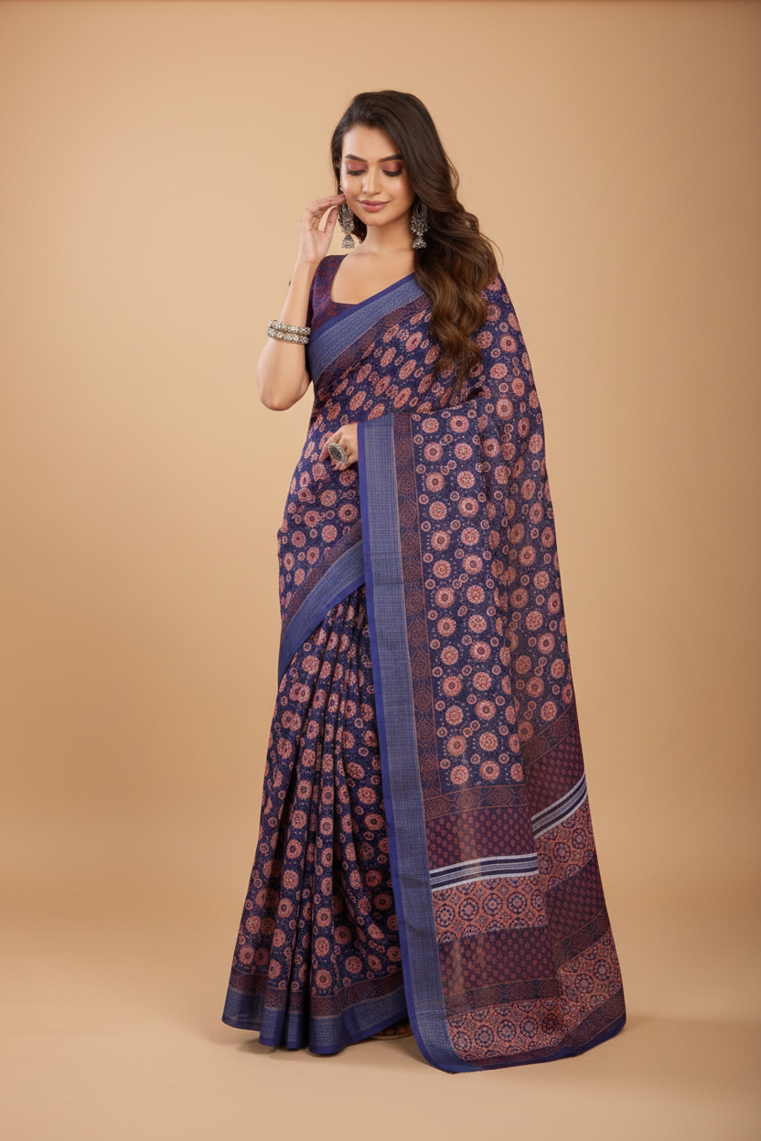 Snuggle Spot Women's Faux Linen Floral Print Ready to wear Saree With Unstitched Blouse 5.5Mtr (Dark_NavyBlue)