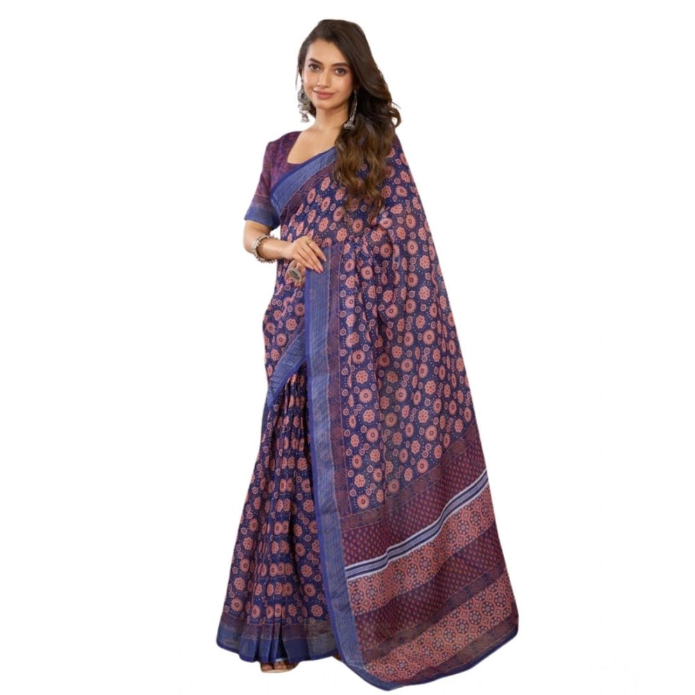 Snuggle Spot Women's Faux Linen Floral Print Ready to wear Saree With Unstitched Blouse 5.5Mtr (Dark_NavyBlue)