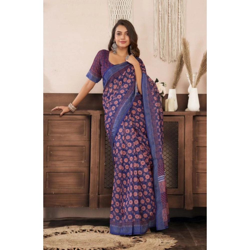 Snuggle Spot Women's Faux Linen Floral Print Ready to wear Saree With Unstitched Blouse 5.5Mtr (Dark_NavyBlue)