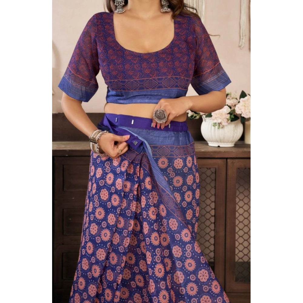 Snuggle Spot Women's Faux Linen Floral Print Ready to wear Saree With Unstitched Blouse 5.5Mtr (Dark_NavyBlue)