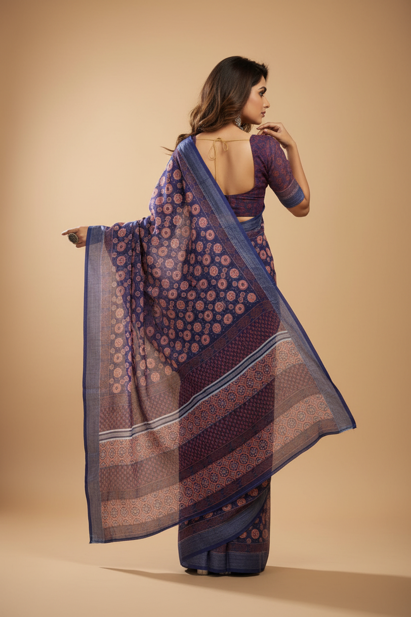 Snuggle Spot Women's Faux Linen Floral Print Ready to wear Saree With Unstitched Blouse 5.5Mtr (Dark_NavyBlue)