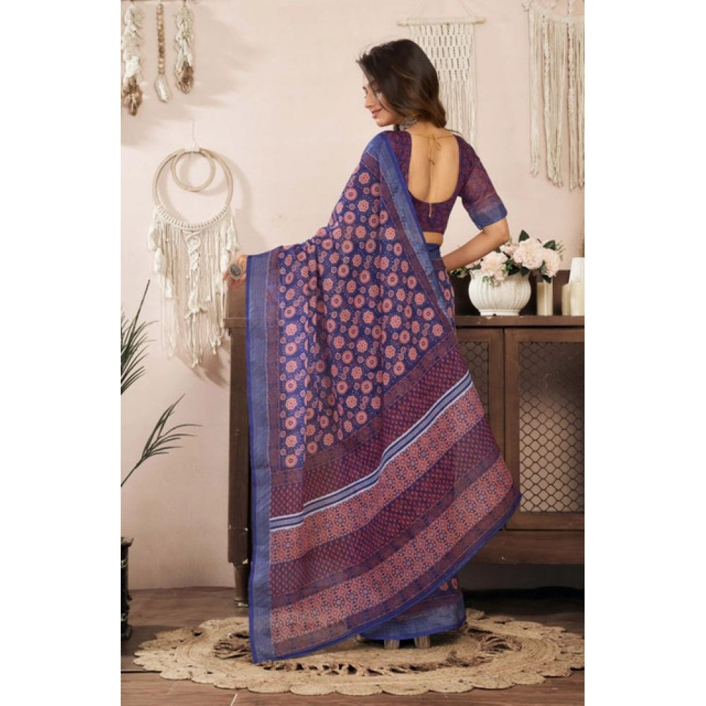 Snuggle Spot Women's Faux Linen Floral Print Ready to wear Saree With Unstitched Blouse 5.5Mtr (Dark_NavyBlue)