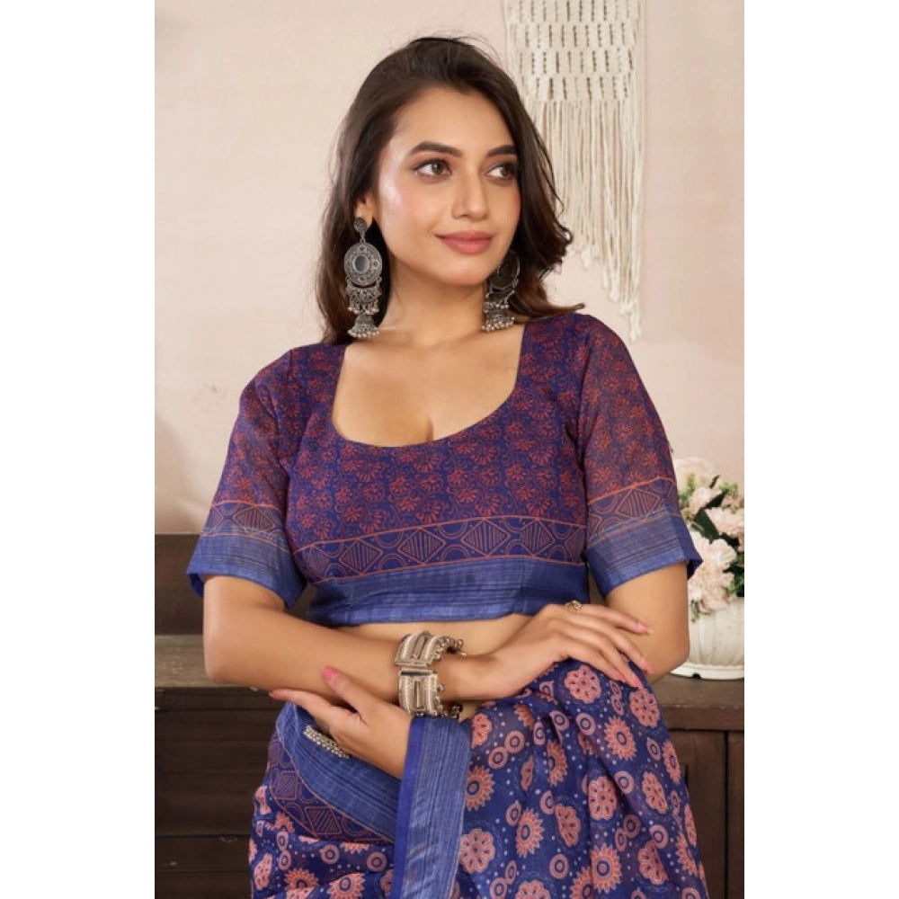 Snuggle Spot Women's Faux Linen Floral Print Ready to wear Saree With Unstitched Blouse 5.5Mtr (Dark_NavyBlue)