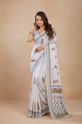 Snuggle Spot Women's Faux Linen Floral Print Ready to wear Saree With Unstitched Blouse 5.5Mtr (Off_White)