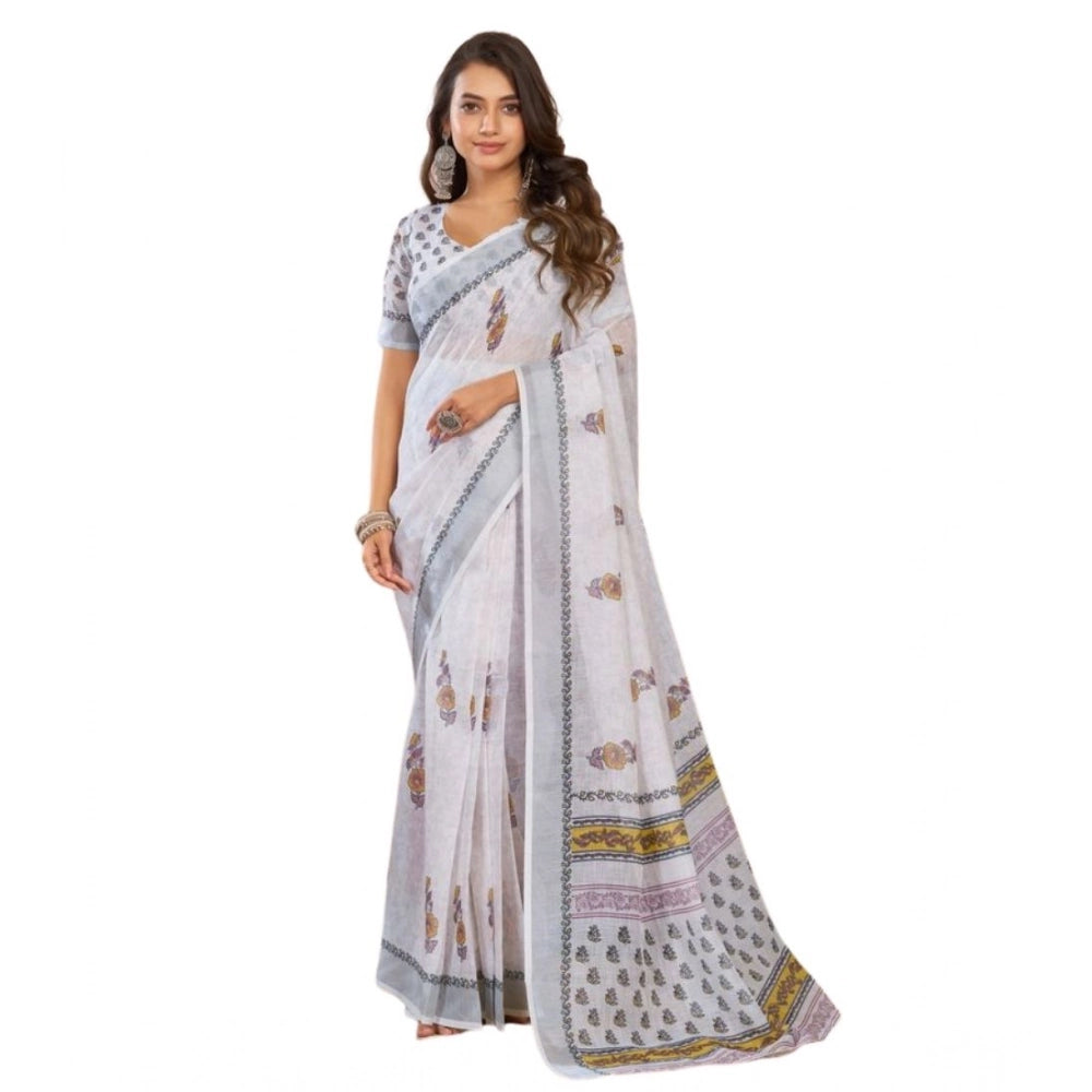 Snuggle Spot Women's Faux Linen Floral Print Ready to wear Saree With Unstitched Blouse 5.5Mtr (Off_White)